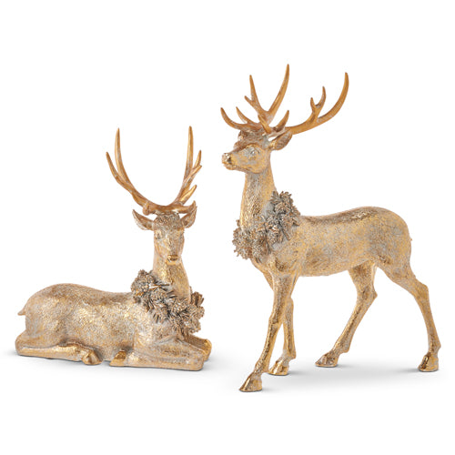 Aged Antique Gold Deers with Wreaths - Set of 2