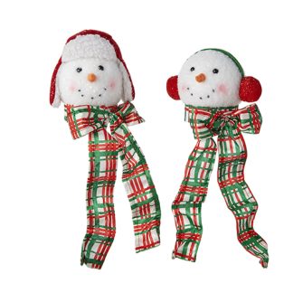 Snowman Head Ornament  with Plaid Scarf Wearing a red Hat- Small
