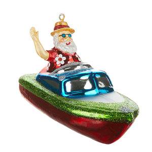 Santa in a Speedboat - Hanging Glass Ornament