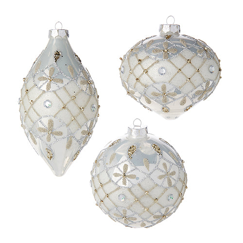 White Round Bauble with Glittered and Diamanté Detail - Round