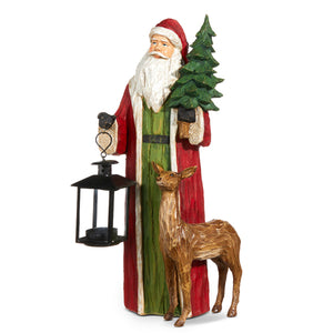 Red and Green Carved Santa Holding Tree and Lantern