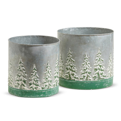 Set of 2 - Round Galvanised Buckets with Embossed Trees