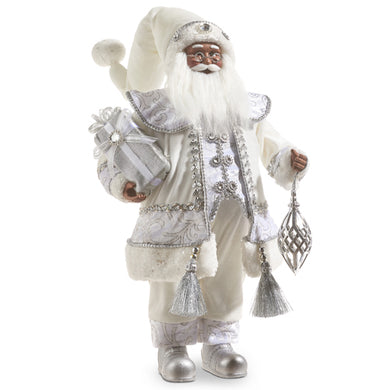 Santa wearing his White and Silver Coat Holding Decoration and Gift