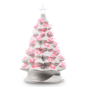 White Ceramic Vintage Light Up Tree with Pink Bows