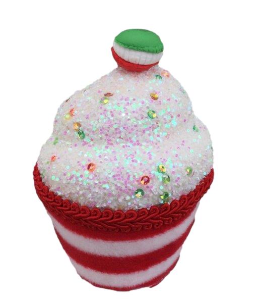 White Cupcake in a Red and White stripped Case with a candy on the Top