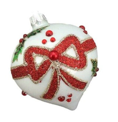 White Onion Bauble with Glittered Red Bow and Holly