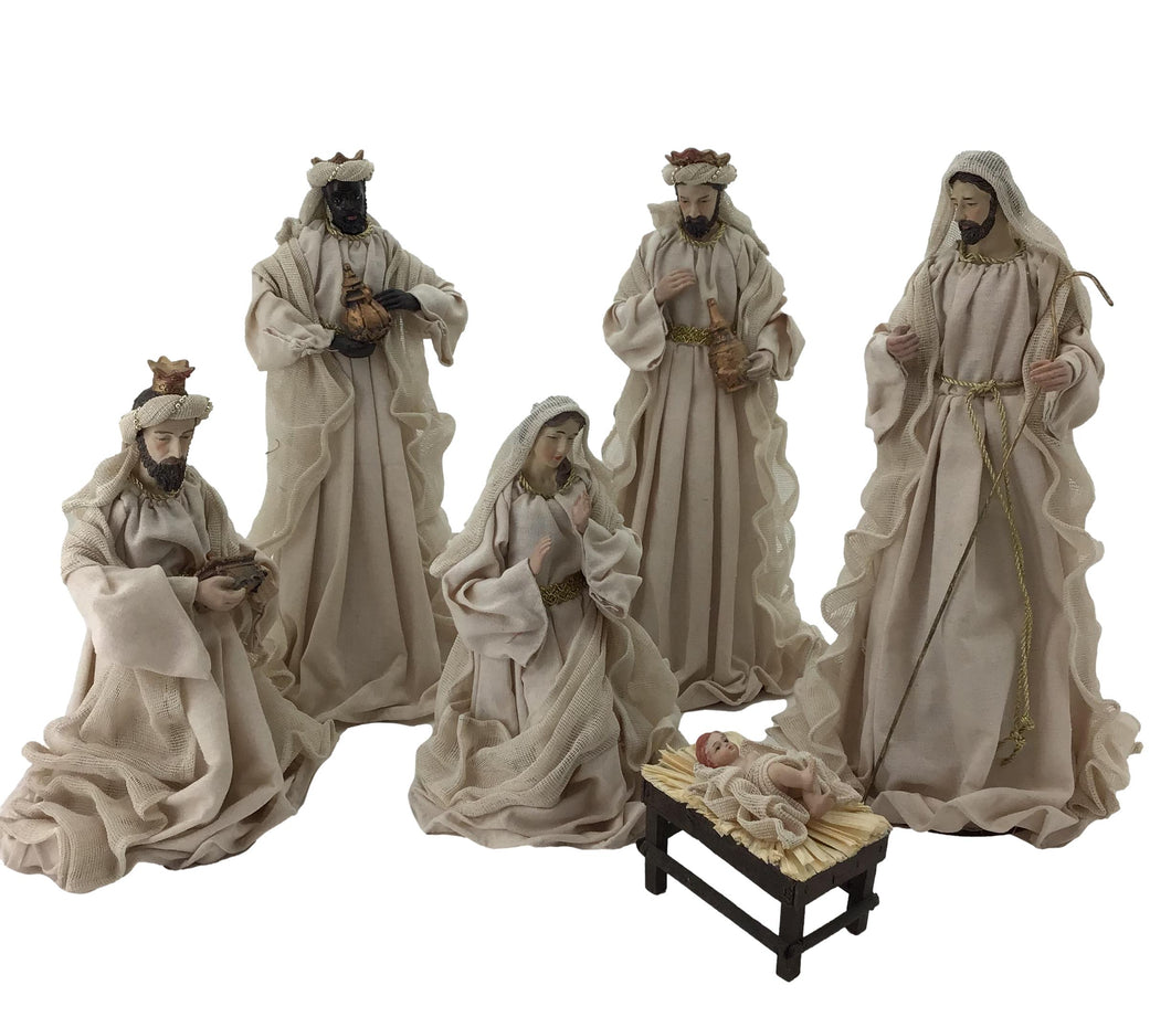 Cream linen Clothing with Cream Satin  6 Piece Nativity Set