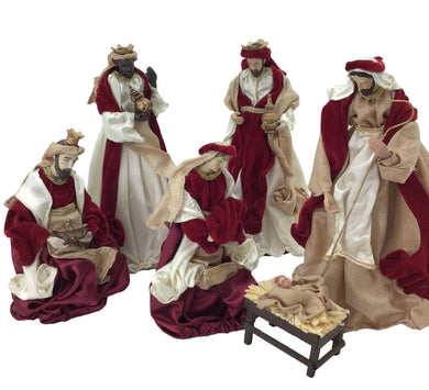 Red Velvet Clothing with Cream Satin  6 Piece Nativity Set