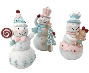 Standing Snowman Wearing a Candy Blue and PInk Hat holding a Swirl Lollipop.