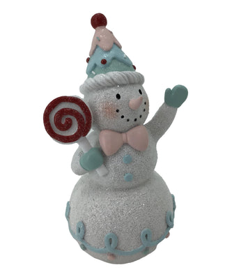 Standing Snowman Wearing a Candy Blue and PInk Hat holding a Swirl Lollipop.