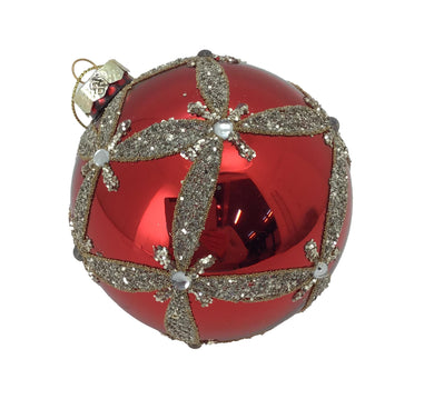 Red Harlequin Glass Round with Silver Glitter Trim Bauble