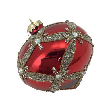 Red Harlequin Glass Onion  with Silver Glitter Trim Bauble