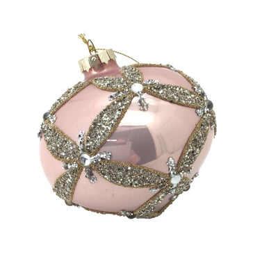 Pink Harlequin Glass Onion  with Silver Glitter Trim Bauble
