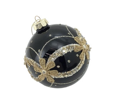 Black Harlequin Glass Round with Gold and Silver Glitter Trim Bauble