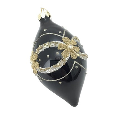 Black Harlequin Glass Finial with Gold and Silver Glitter Trim Bauble