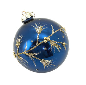 Blue Gold Leaf Glass Round with Gold Glitter Trim Bauble