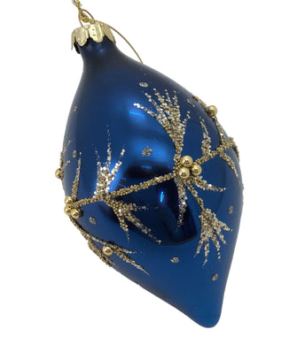 Blue Gold Leaf Glass Finial with Gold Glitter Trim Bauble