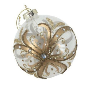 White and Gold Swirl Glass Round Bauble with Diamantés