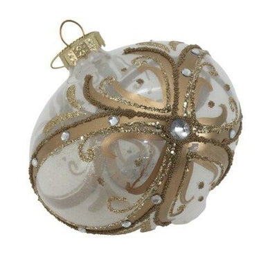 White and Gold Swirl Glass Onion Shape Bauble with Diamantés