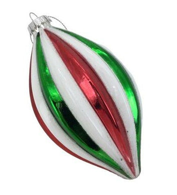 Red, Green and White Strip Glass Tear Drop Finial Bauble