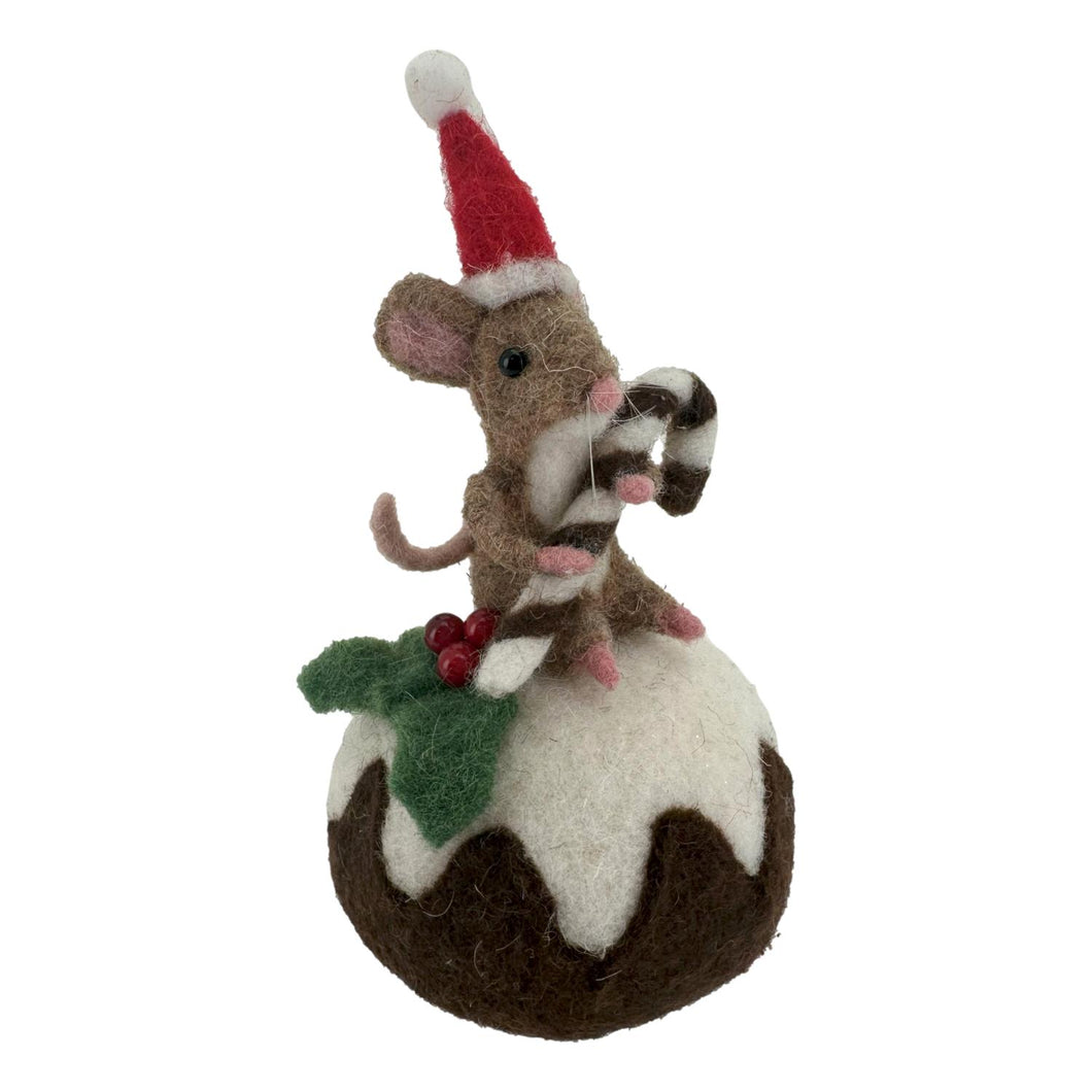 Mouse Sitting on a Christmas Pudding Holding a Candy Cane