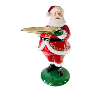 Traditional Santa Holding Gold Platter on Pedestal