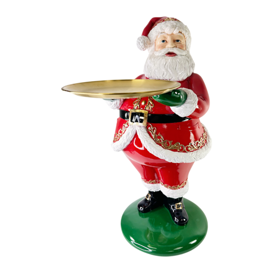 Traditional Santa Holding Gold Platter on Pedestal
