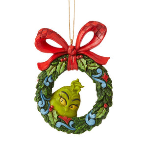 Jim Shore - Grinch peaking through a Christmas Wreath - Hanging Ornament