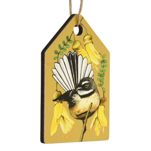 New Zealand Made Eco Hanging Decorations - Fantail on Yellow Background