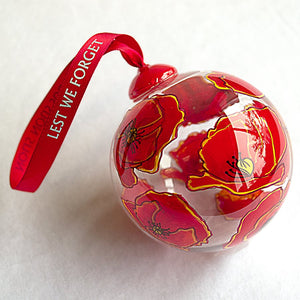 Clear Glass with Hand Painted Red Poppy "LEST WE FORGET" Remembrance Bauble