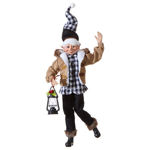 Black and White Tartan Elf- Holding Lantern