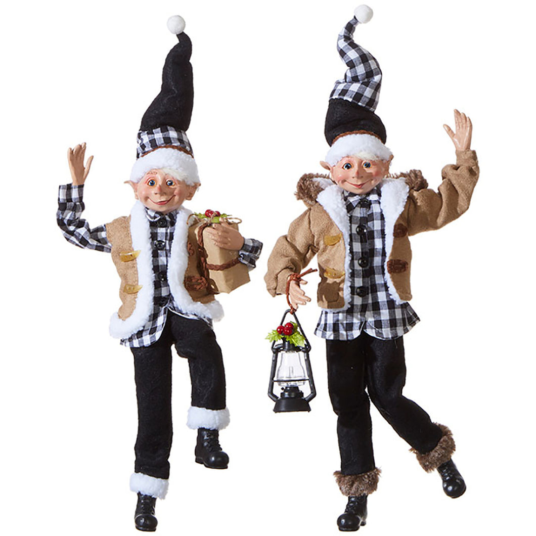 Black and White Tartan Elf- Holding Lantern