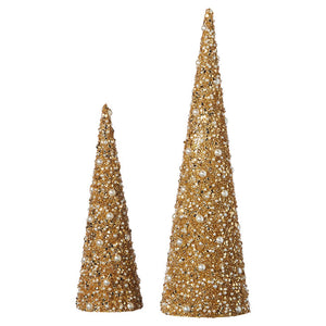 Gold Cone Trees with Pearls and Glitter - Set of 2