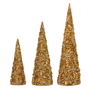 Holly Patterned Gold Cone Trees - Set of Three