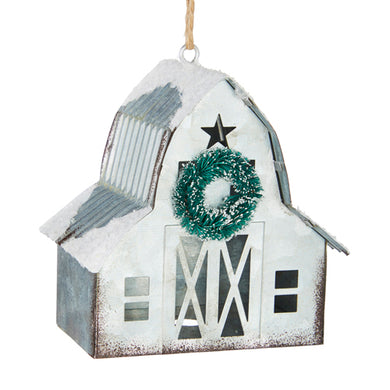 Hanging Galvanised Barn with a wreath on the front