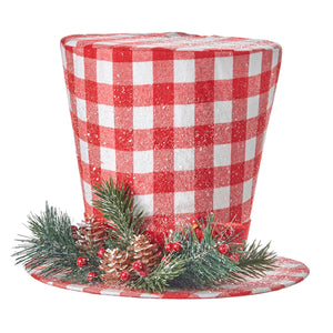 Red and White Chequered Top Hat with Christmas Trim - Large