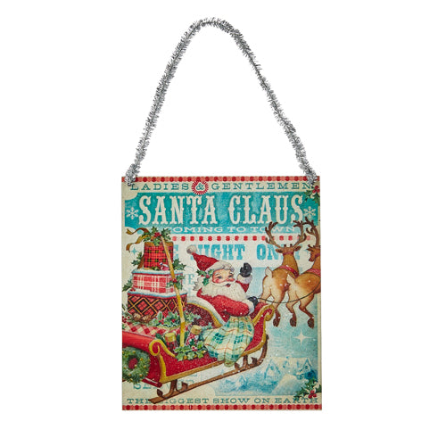 Vintage Christmas Hanging Sign - Santa Claus in Sleigh