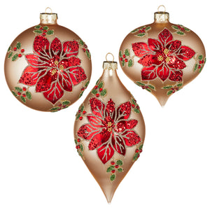 Red Jewelled Poinsettia on  Gold Glass Hanging Ornaments