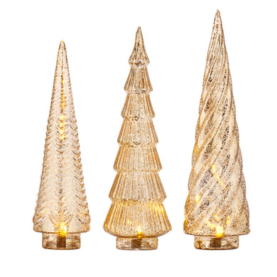 Gold Mercury Glass Lit Trees - Set of three