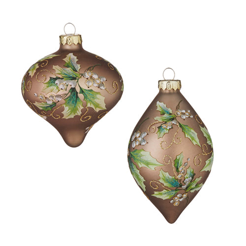 Holly Pattern on Glass Bronze Christmas Ornament