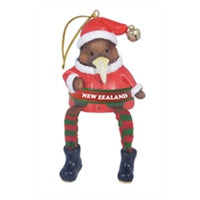 Christmas Kiwi sitting with dangling legs with New Zealand