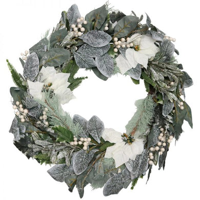 White Berry, Pine and White Poinsettia Wreath